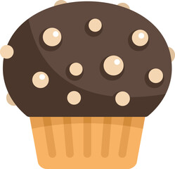 Chocolate cupcake with white chocolate chips topping, a sweet treat for any occasion, isolated on a white background, in a flat cartoon style