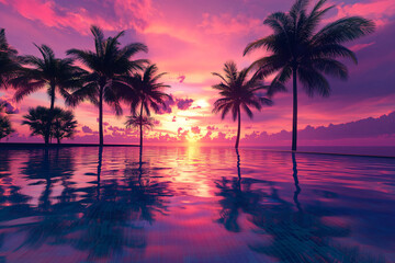 pink sunset over tropical palm trees and pool water