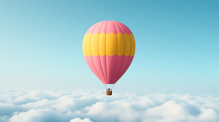 Naklejka premium Colorful hot air balloon floating above soft, fluffy clouds in a clear blue sky, creating a serene and adventurous atmosphere.