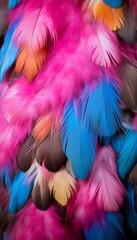 Vibrant feathers in a colorful pattern showcasing blues, pinks, oranges, and browns