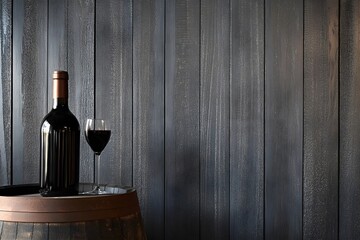 Black wooden oak barrel with wine bottle in cool cellar in distillery house. Craft beer or brandy production. Winery and winemaking. Wine aging process. Background for banner, poster with copy space