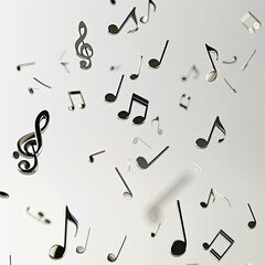 Musical Notes and Symbols Falling Mid-Air with Soft Lighting on a White Background