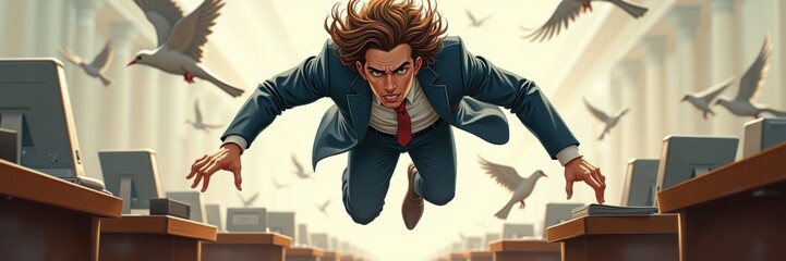 A dynamic illustration of a businessman soaring through an office space, symbolizing determination and ambition amidst chaos. Perfect for corporate themes.