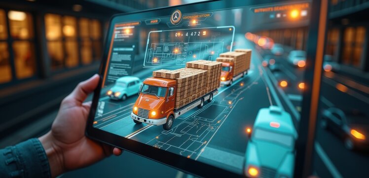 A person examines a digital interface showcasing truck logistics, conveying the integration of technology in transportation and supply chain management.