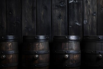 Wooden wine or cognac oak barrel in cool cellar in distillery house. Craft beer or brandy production. Winery and winemaking. Wine aging process. Background for banner, poster with copy space
