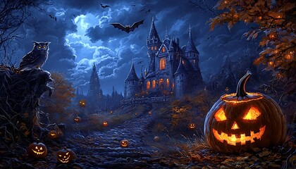 Enigmatic Halloween scene with a jack-o-lantern, owl, and castle against a stormy backdrop.