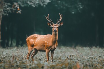 Majestueux cerf se tenant dans une forêt sereine, entouré de nature luxuriante