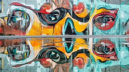 Graffiti wall with distorted reflections, abstract street art with mirror-like effects