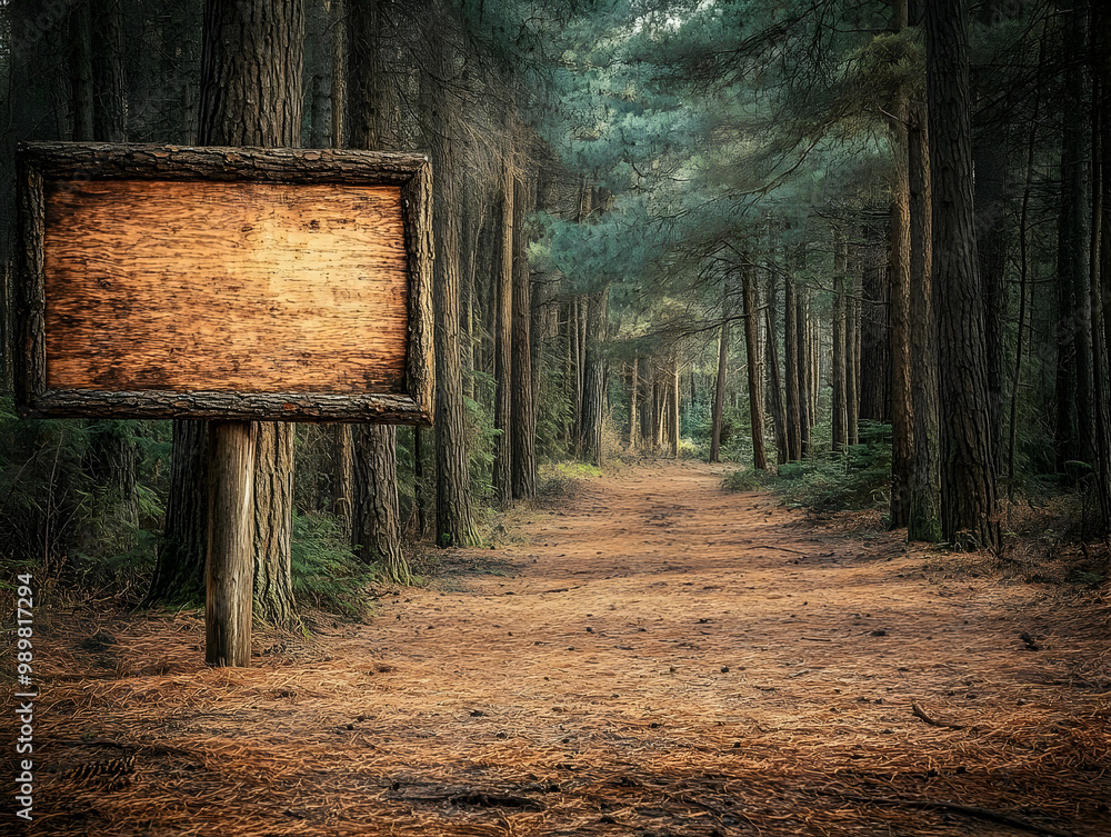Poster serene forest pathway with a rustic wooden sign and tall trees creating a tranquil atmosphere.