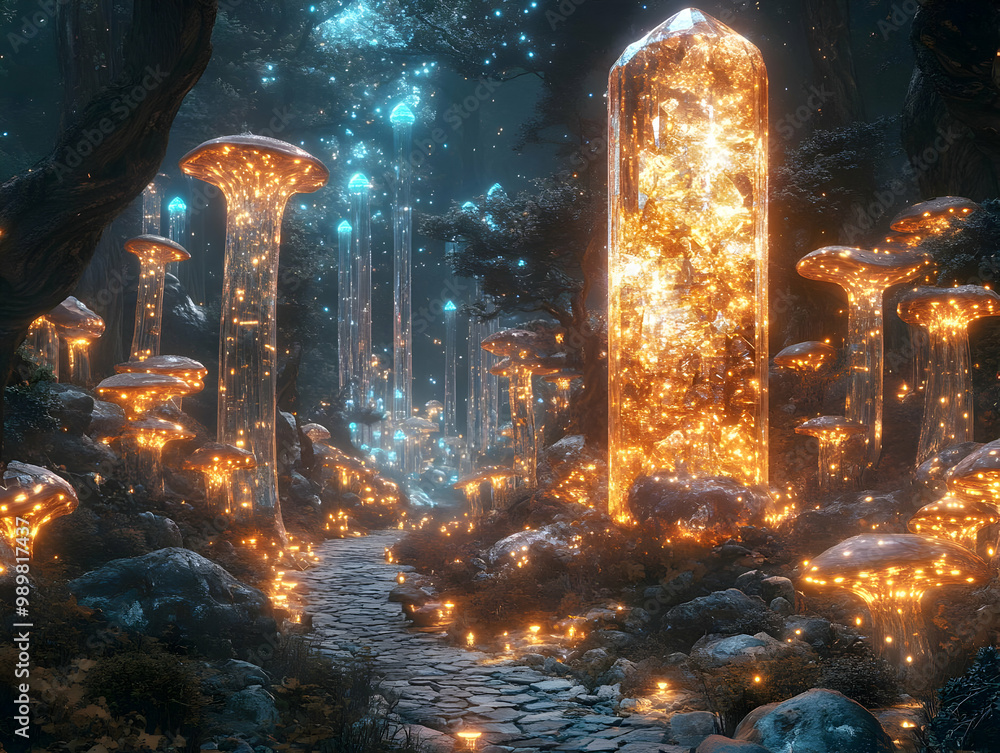 Poster enchanting forest path illuminated by glowing mushrooms and crystal-like formations, creating a magi