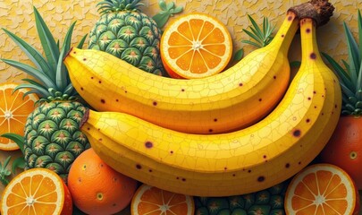 Vibrant assortment of tropical fruits featuring bananas, pineapples, and oranges, perfect for summer-themed marketing, food-related content, or refreshing beverage promotions.
