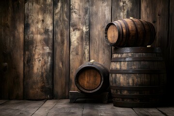 Naklejka premium Wooden wine or cognac oak barrel in cool cellar in distillery house. Craft beer or brandy production. Winery and winemaking. Wine aging process. Background for banner, poster with copy space