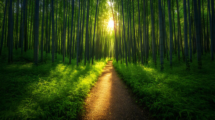 Obraz premium Pathway through a vibrant bamboo forest illuminated by sunlight, showcasing lush greenery and serene natural beauty.