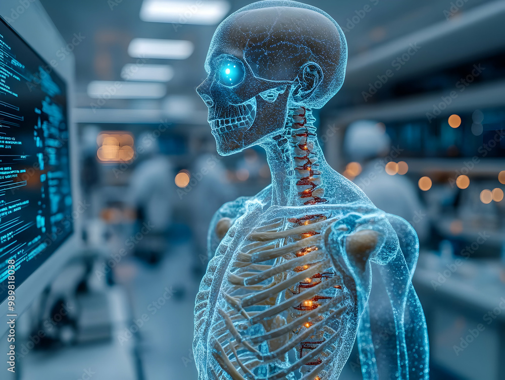 Poster futuristic transparent skeleton model illuminated by blue light, displaying intricate details agains