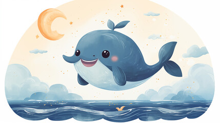 Naklejka premium graphic illustration for nursery, wallpaper, book cover, cards. Vector illustration with cute whale