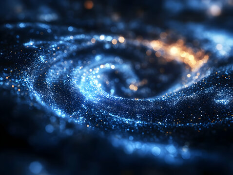 A mesmerizing swirl of blue and gold cosmic elements in a dazzling galaxy, evoking the wonders of the universe.