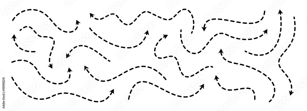 Poster black dotted arrows set. wavy curved dashed arrow collection. sketched doodle thin pointers and dire