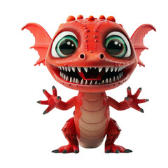 A cute, cartoon-style red dragon with big eyes and a toothy grin.