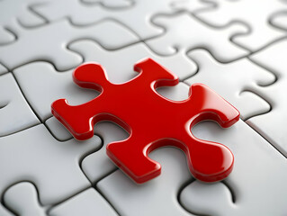 Fototapeta premium A single red puzzle piece on a white background, symbolizing uniqueness and the search for solutions.