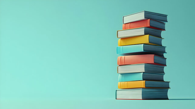 Stack of colorful books against a turquoise background, symbolizing knowledge and learning.