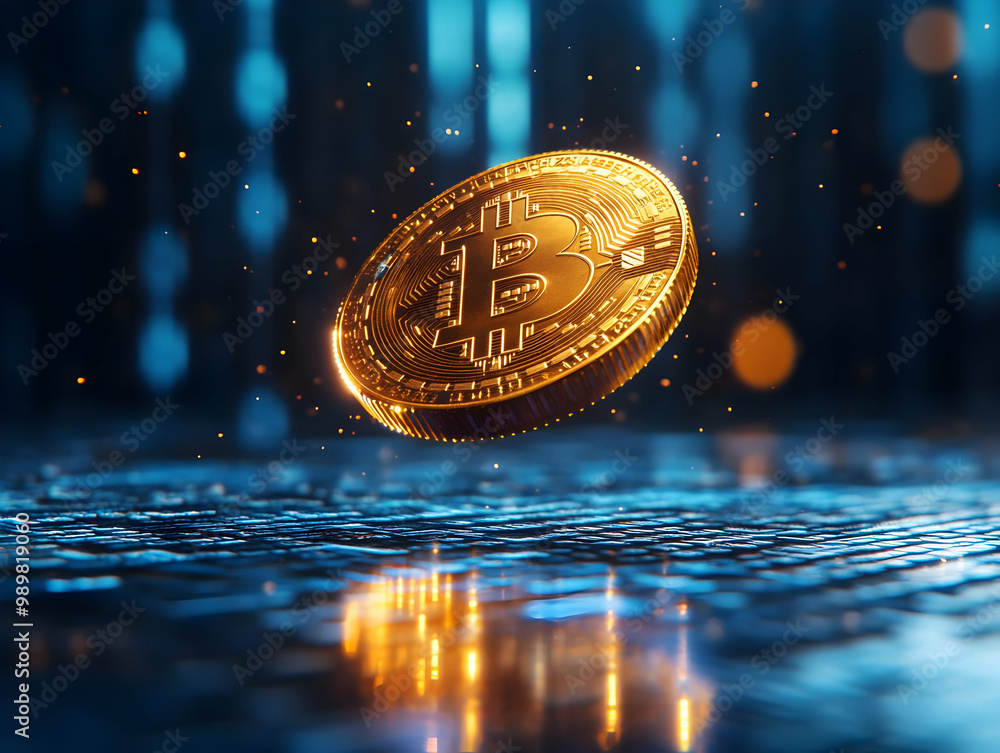 Poster golden bitcoin coin floating above a digital surface with blue data patterns.