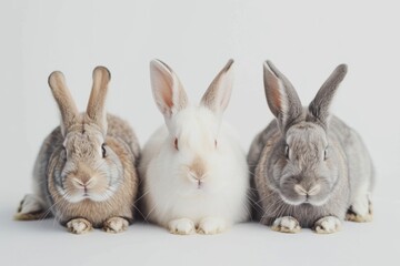 Obraz premium Three domestic rabbits of different breeds resting peacefully on a white background with soft shadows in a minimalist studio setting