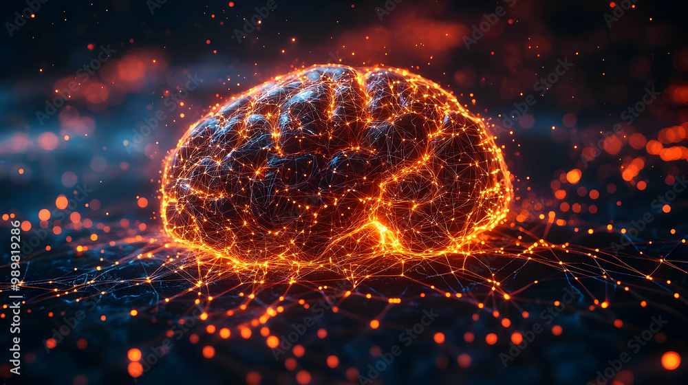 Poster abstract representation of a brain composed of glowing particles and connections, symbolizing intell