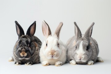 Obraz premium Three domestic rabbits resting on a white background with soft shadows in a minimalist studio setting