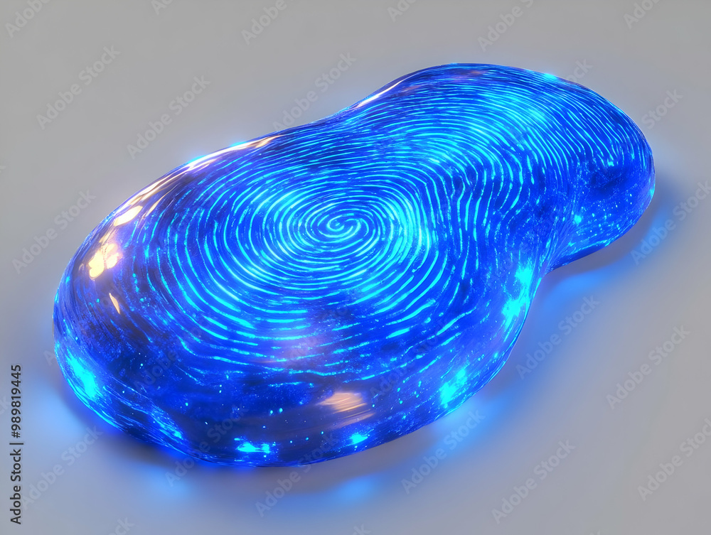 Poster a luminous blue abstract shape with swirling patterns, creating a mesmerizing visual effect on a neu