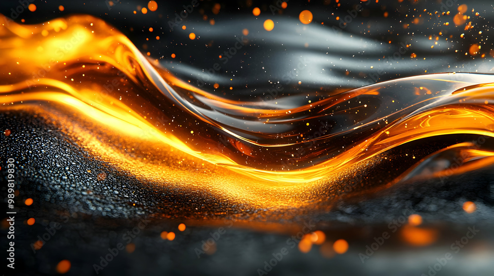 Poster abstract fluid wave in shimmering gold and black tones, showcasing dynamic movement and texture.
