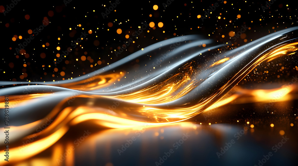 Poster abstract golden waves with sparkles on a dark background, creating a sense of fluidity and elegance.