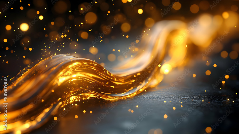 Poster a shimmering stream of golden liquid with sparkling bokeh effects, ideal for abstract backgrounds an