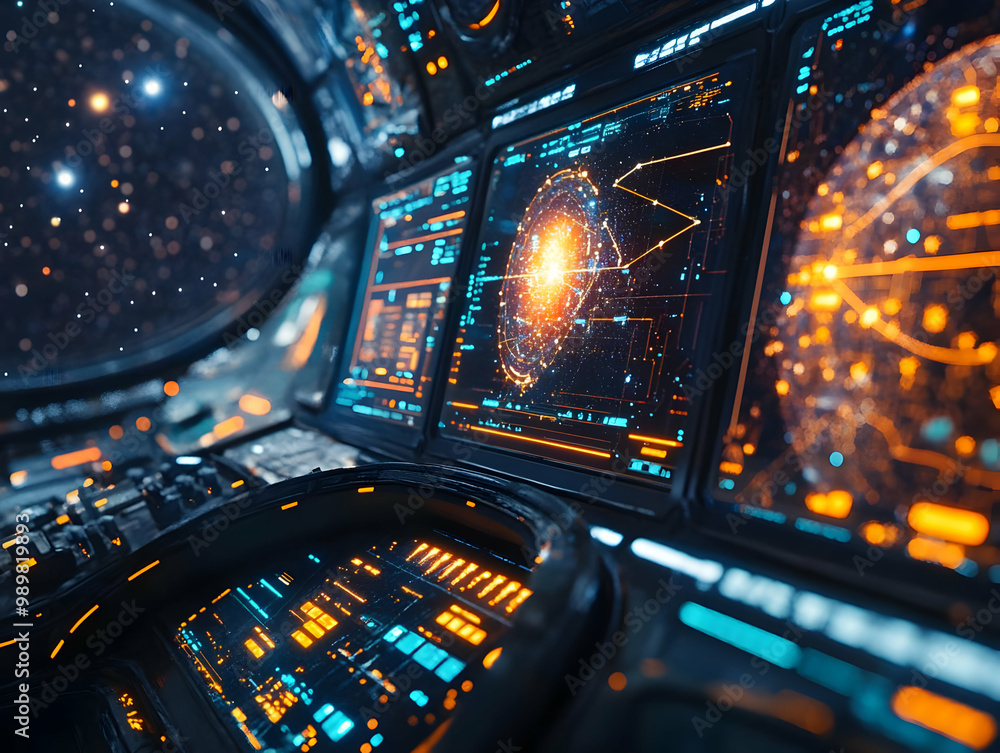 Poster futuristic spaceship control panel with glowing screens and cosmic background, showcasing advanced n