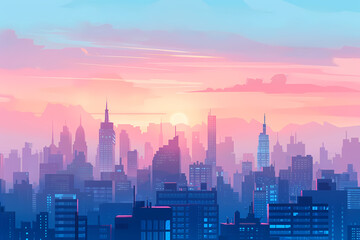 Fototapeta premium A vibrant sunset over a city skyline, featuring silhouettes of towering skyscrapers against a pastel sky.
