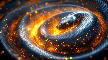 Fototapeta premium A stunning black snake coiled with fiery orange sparks and glowing effects on a dark background.