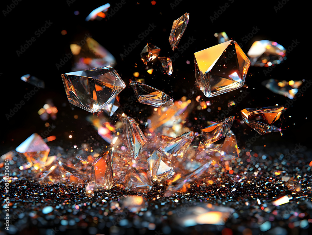Poster shattered crystals sparkling against a dark background, creating a stunning visual effect of light a