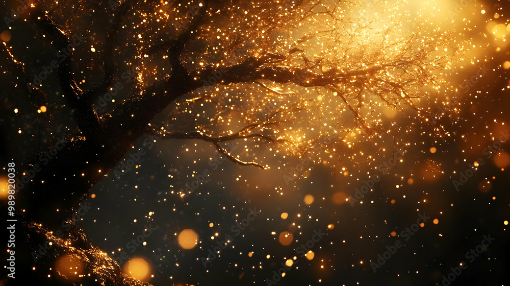 Poster a mystical scene with glowing lights and shimmering particles amidst a dark backdrop, creating an en