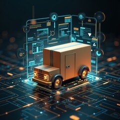 Fototapeta premium A digital representation of a delivery truck surrounded by data charts and technology, symbolizing logistics, innovation, and smart transportation solutions.