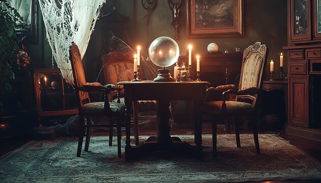Vintage seance room with antique chairs, a wooden table, and a glowing crystal ball.
