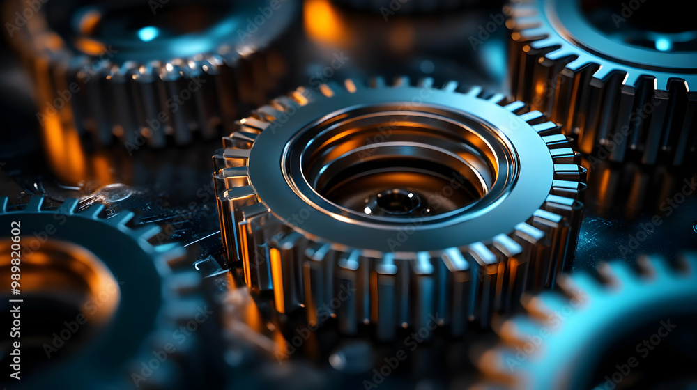 Poster close-up of metallic gears with intricate details and a reflective surface, creating an industrial a
