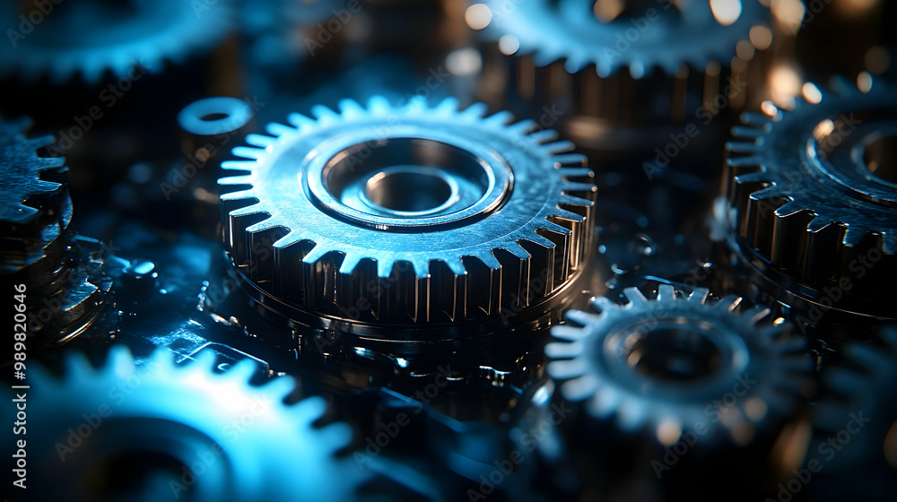 Poster close-up of metallic gears creating intricate patterns with blue lighting, showcasing mechanical pre