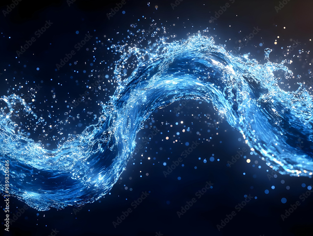 Poster dynamic wave of splashing blue water with droplets sparkling against a dark background.