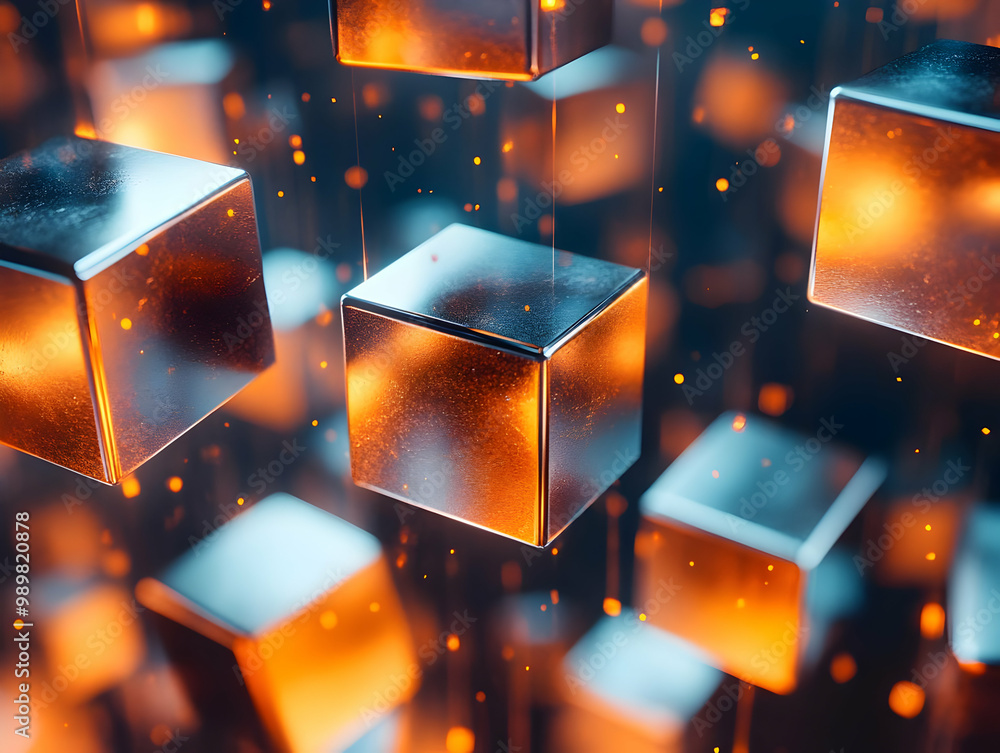 Poster floating metallic cubes with an illuminated glow, creating a futuristic and dynamic visual effect.