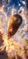 Fototapeta premium Steampunk Retro Futurism Airship Adventures Worms Eye View