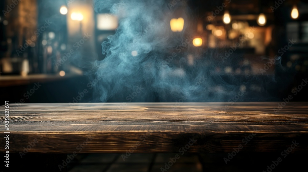 Poster empty wooden table with smoke float up on dark background dark wood texture background surface with 
