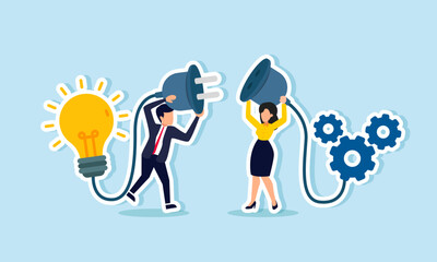 A businessman holding a light plug tries to connect it to a gear machine socket, illustrating teamwork or a sharing session with partners for company performance innovation.
