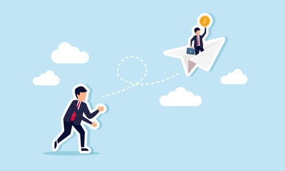A businessman throws a paper airplane carrying another businessperson with a coin into the sky, illustrating promotion or support from teammates to achieve profit or sales.