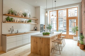 Modern kitchen with plants and natural light.