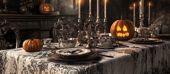 Victorian tea party with a Halloween twist, featuring spooky painted china and antique lace.