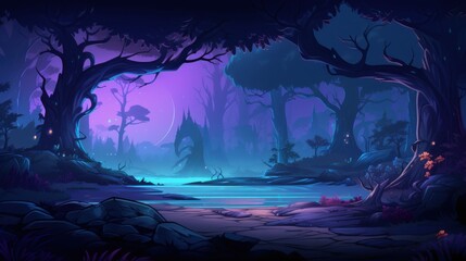 Enchanting Nighttime Forest with Glowing Trees and a Crescent Moon